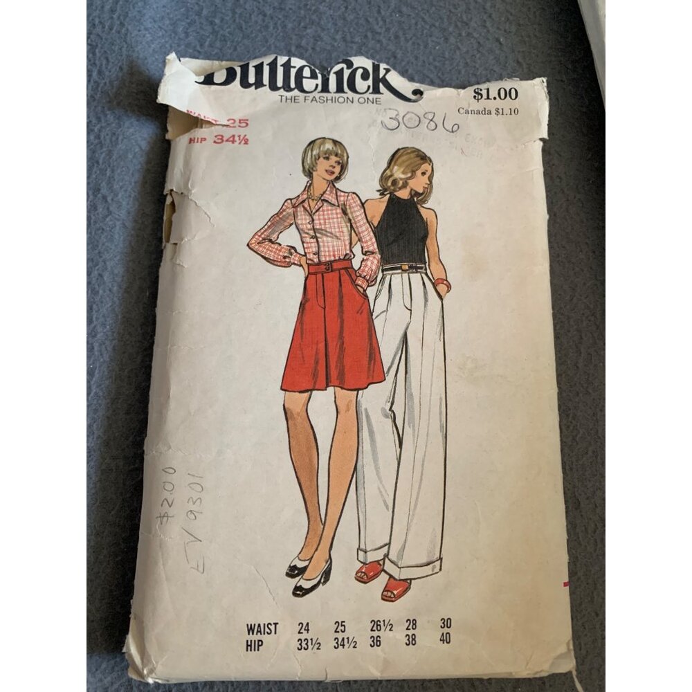 Butterick 3086 Vintage Sewing Pattern 70s Misses Skirt Pant Waist 24-30